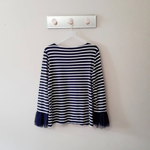 EUC beachlunchlounge collection navy blue & white stripe & organza cuff top, L - Picture 6 of 7